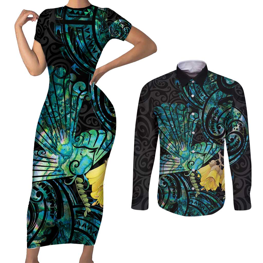 New Zealand Fantail Bird Couples Matching Short Sleeve Bodycon Dress and Long Sleeve Button Shirt Maori Piwakawaka Kowhai - Paua Shell Pattern LT14 Green - Polynesian Pride