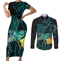 New Zealand Fantail Bird Couples Matching Short Sleeve Bodycon Dress and Long Sleeve Button Shirt Maori Piwakawaka Kowhai - Paua Shell Pattern LT14 Green - Polynesian Pride