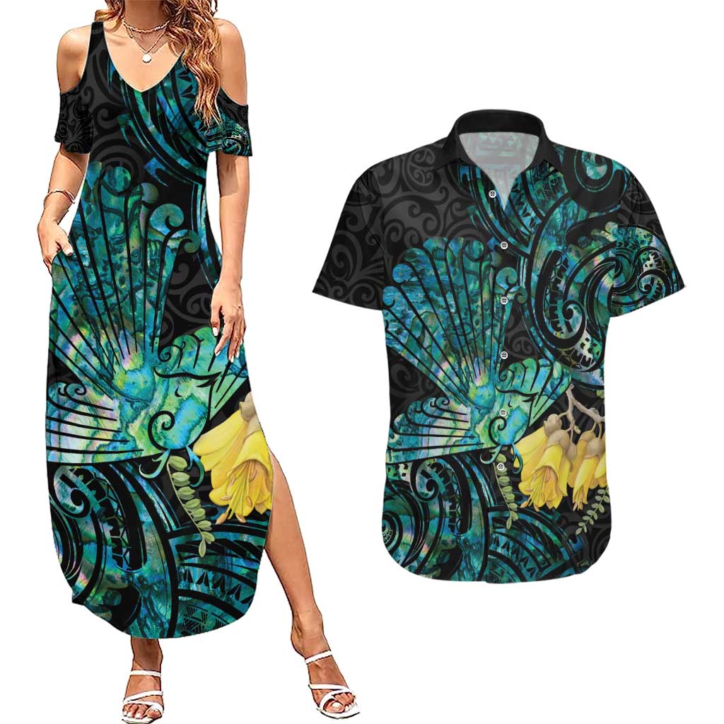 New Zealand Fantail Bird Couples Matching Summer Maxi Dress and Hawaiian Shirt Maori Piwakawaka Kowhai - Paua Shell Pattern LT14 Green - Polynesian Pride