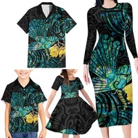 New Zealand Fantail Bird Family Matching Long Sleeve Bodycon Dress and Hawaiian Shirt Maori Piwakawaka Kowhai - Paua Shell Pattern LT14 - Polynesian Pride