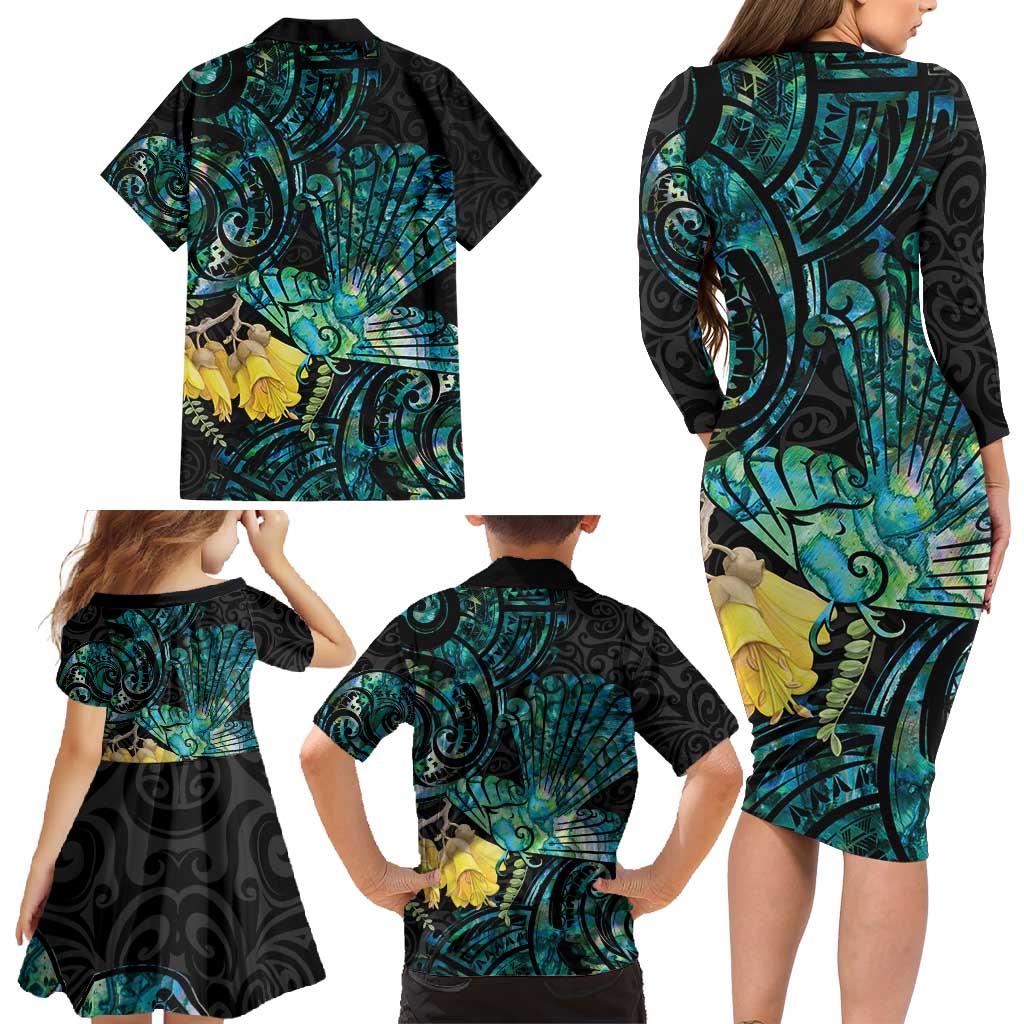 New Zealand Fantail Bird Family Matching Long Sleeve Bodycon Dress and Hawaiian Shirt Maori Piwakawaka Kowhai - Paua Shell Pattern LT14 - Polynesian Pride