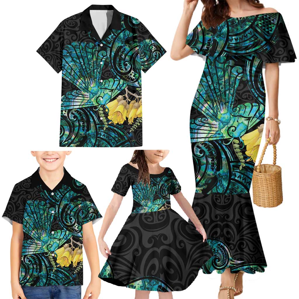 New Zealand Fantail Bird Family Matching Mermaid Dress and Hawaiian Shirt Maori Piwakawaka Kowhai - Paua Shell Pattern LT14 - Polynesian Pride
