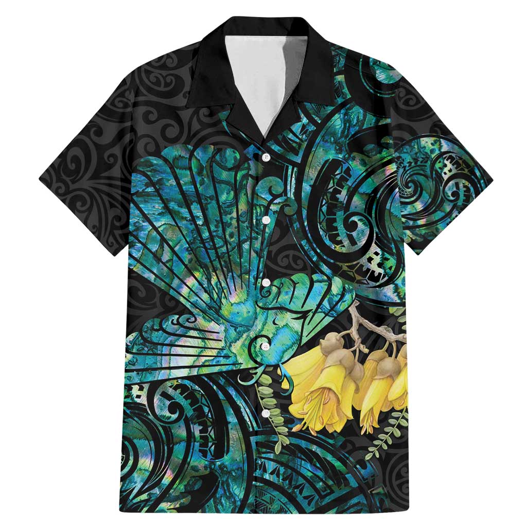 New Zealand Fantail Bird Family Matching Mermaid Dress and Hawaiian Shirt Maori Piwakawaka Kowhai - Paua Shell Pattern LT14 Dad's Shirt - Short Sleeve Green - Polynesian Pride