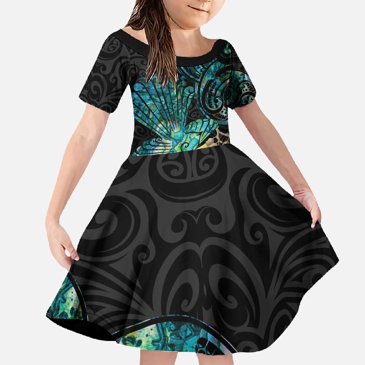 New Zealand Fantail Bird Family Matching Off The Shoulder Long Sleeve Dress and Hawaiian Shirt Maori Piwakawaka Kowhai - Paua Shell Pattern LT14 Daughter's Dress Green - Polynesian Pride