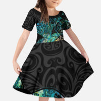 New Zealand Fantail Bird Family Matching Off The Shoulder Long Sleeve Dress and Hawaiian Shirt Maori Piwakawaka Kowhai - Paua Shell Pattern LT14 Daughter's Dress Green - Polynesian Pride