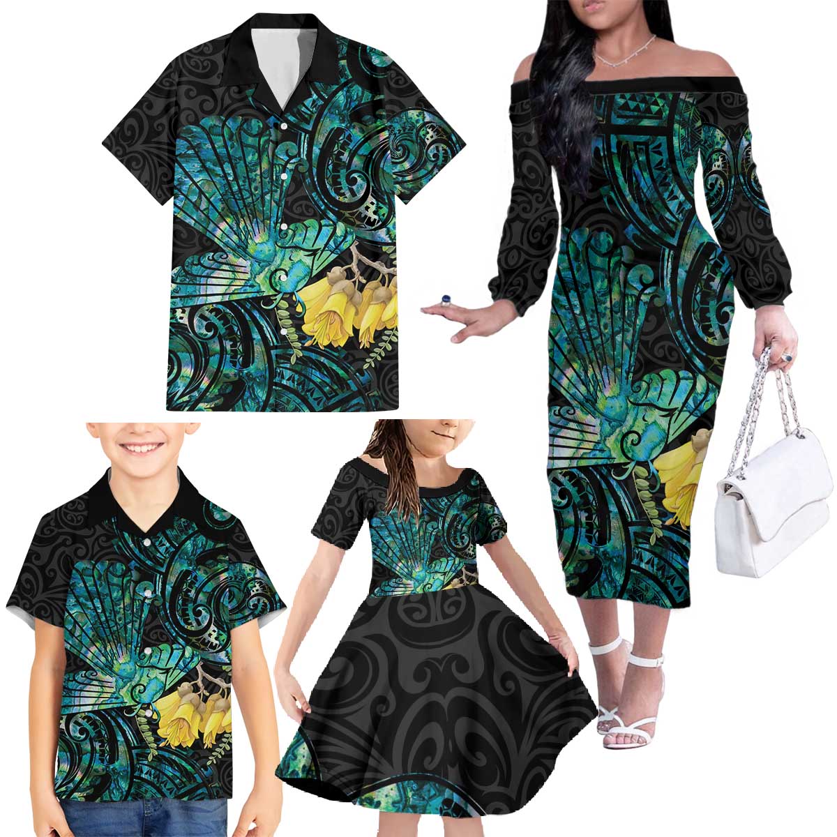 New Zealand Fantail Bird Family Matching Off The Shoulder Long Sleeve Dress and Hawaiian Shirt Maori Piwakawaka Kowhai - Paua Shell Pattern LT14 - Polynesian Pride