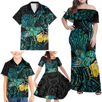 New Zealand Fantail Bird Family Matching Off Shoulder Maxi Dress and Hawaiian Shirt Maori Piwakawaka Kowhai - Paua Shell Pattern LT14 - Polynesian Pride