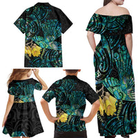 New Zealand Fantail Bird Family Matching Off Shoulder Maxi Dress and Hawaiian Shirt Maori Piwakawaka Kowhai - Paua Shell Pattern LT14 - Polynesian Pride