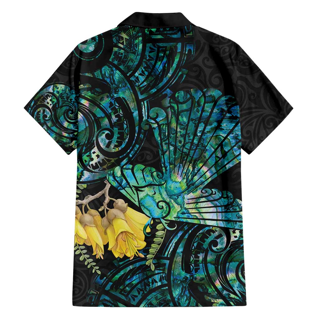 New Zealand Fantail Bird Family Matching Off Shoulder Maxi Dress and Hawaiian Shirt Maori Piwakawaka Kowhai - Paua Shell Pattern LT14 - Polynesian Pride