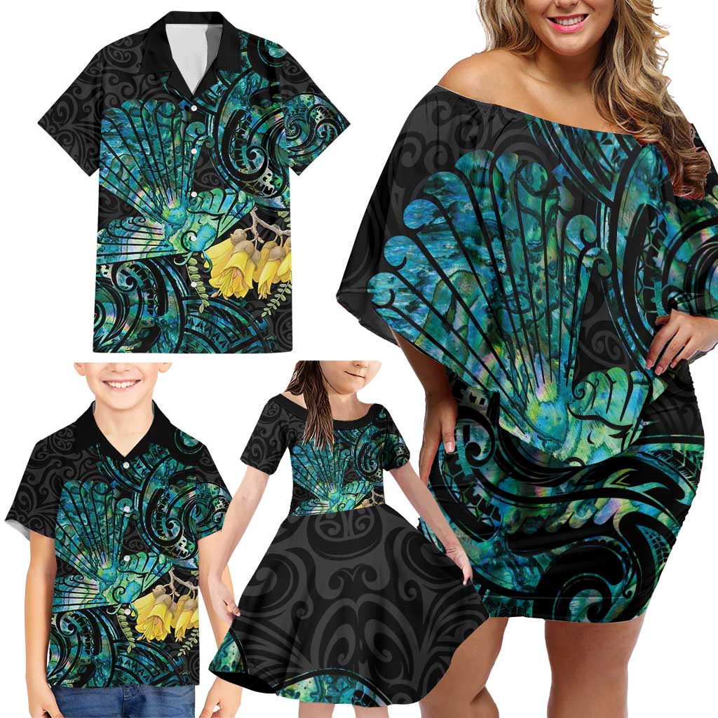 New Zealand Fantail Bird Family Matching Off Shoulder Short Dress and Hawaiian Shirt Maori Piwakawaka Kowhai - Paua Shell Pattern LT14 - Polynesian Pride