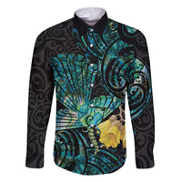 New Zealand Fantail Bird Family Matching Off Shoulder Short Dress and Hawaiian Shirt Maori Piwakawaka Kowhai - Paua Shell Pattern LT14 Dad's Shirt - Long Sleeve Green - Polynesian Pride