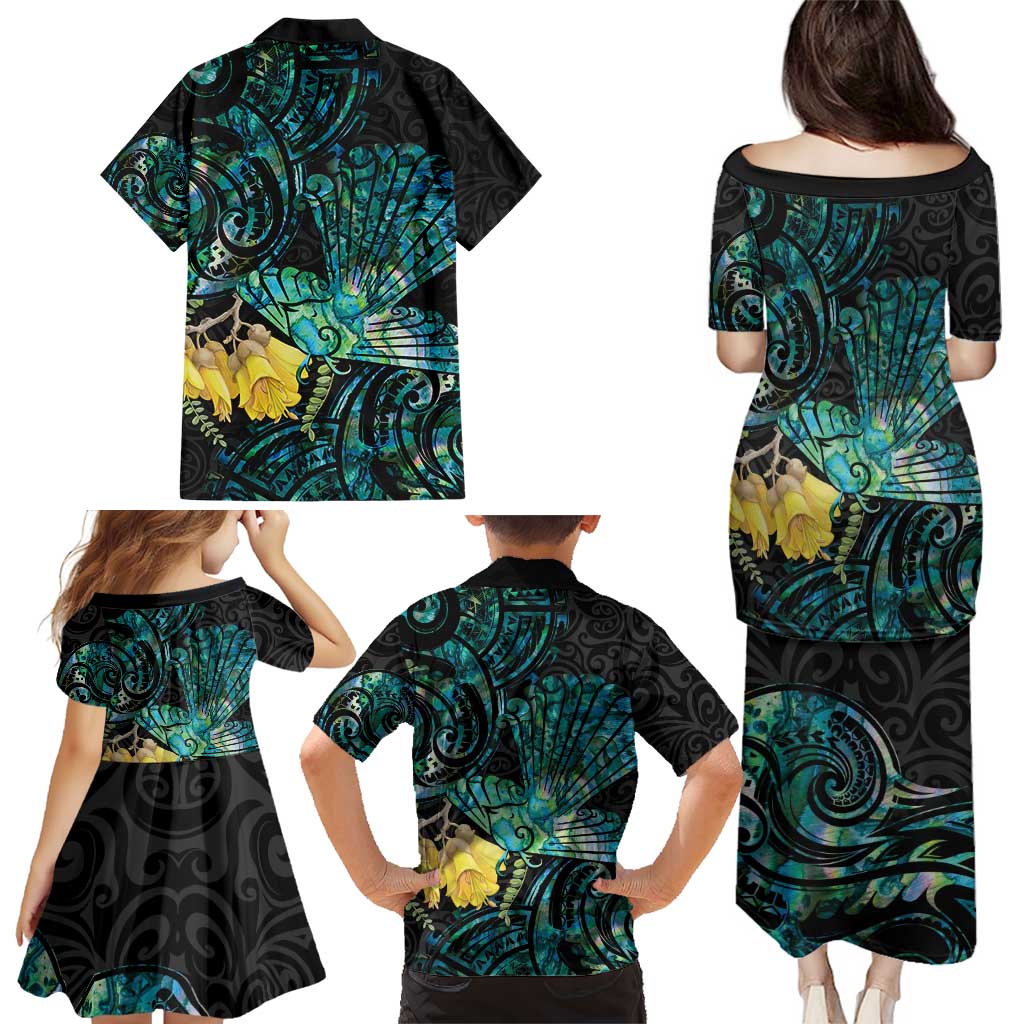 New Zealand Fantail Bird Family Matching Puletasi and Hawaiian Shirt Maori Piwakawaka Kowhai - Paua Shell Pattern LT14 - Polynesian Pride
