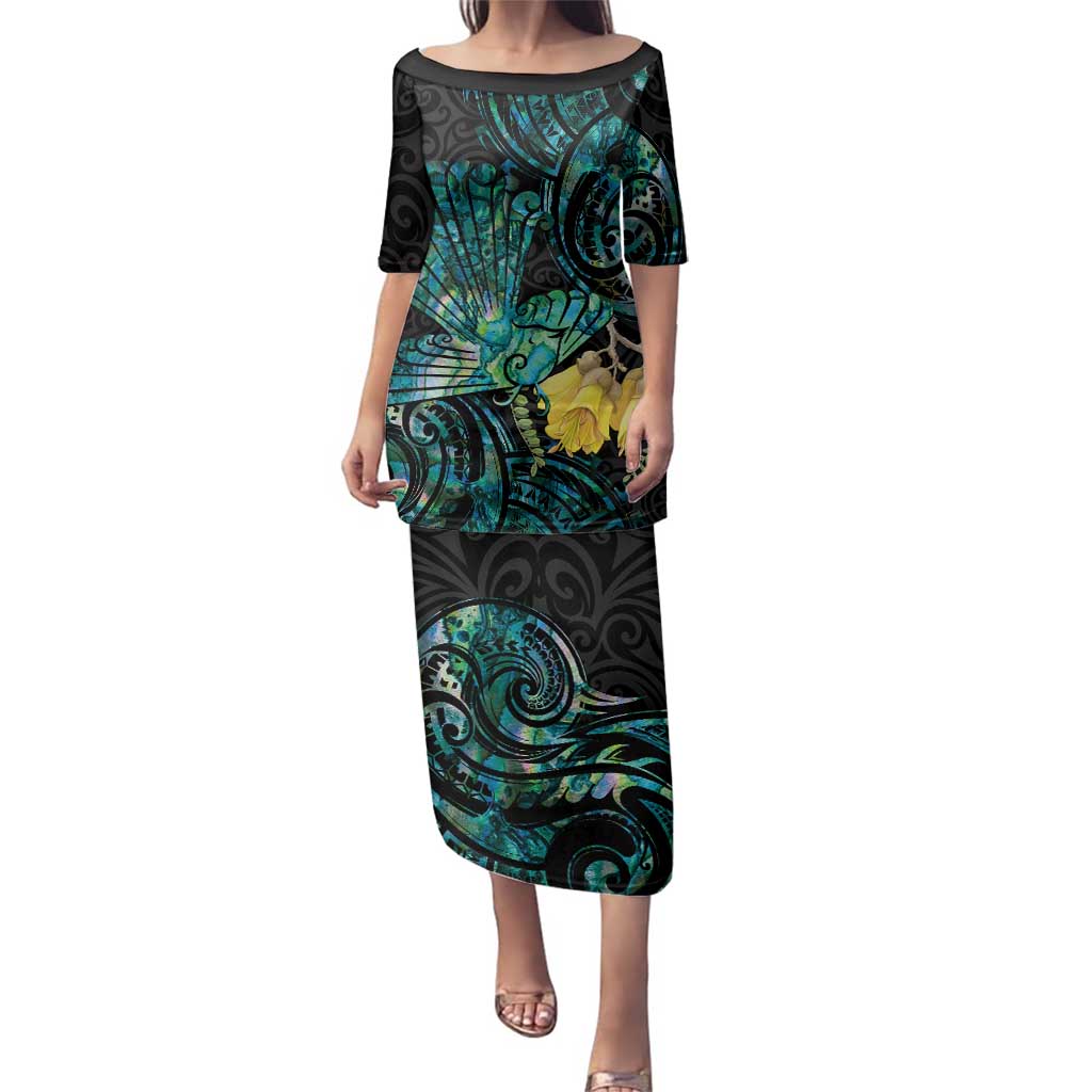New Zealand Fantail Bird Family Matching Puletasi and Hawaiian Shirt Maori Piwakawaka Kowhai - Paua Shell Pattern LT14 Mom's Dress Green - Polynesian Pride