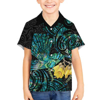 New Zealand Fantail Bird Family Matching Puletasi and Hawaiian Shirt Maori Piwakawaka Kowhai - Paua Shell Pattern LT14 Son's Shirt Green - Polynesian Pride