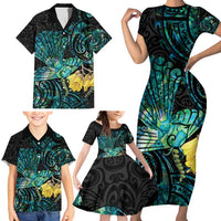 New Zealand Fantail Bird Family Matching Short Sleeve Bodycon Dress and Hawaiian Shirt Maori Piwakawaka Kowhai - Paua Shell Pattern LT14 - Polynesian Pride