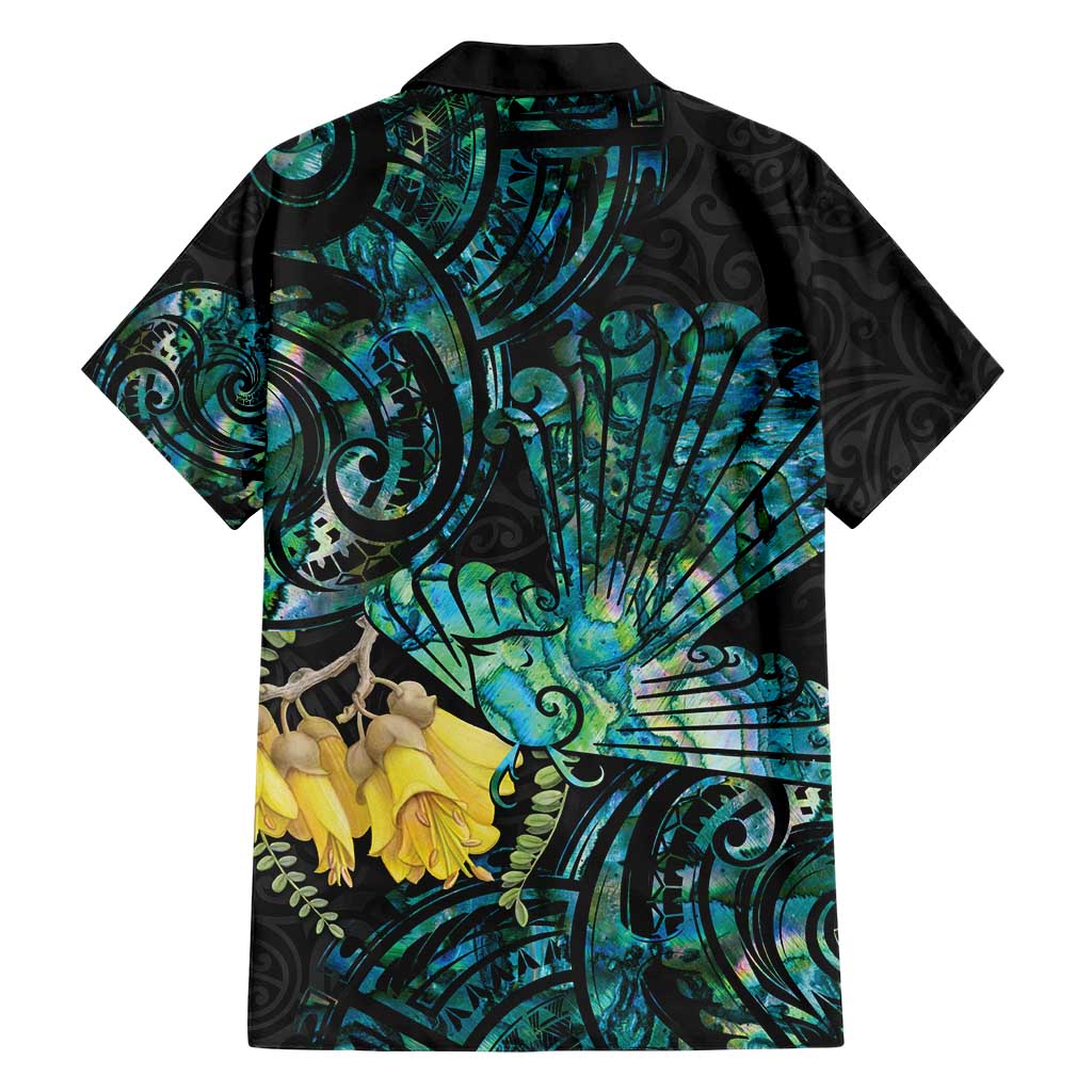 New Zealand Fantail Bird Family Matching Short Sleeve Bodycon Dress and Hawaiian Shirt Maori Piwakawaka Kowhai - Paua Shell Pattern LT14 - Polynesian Pride