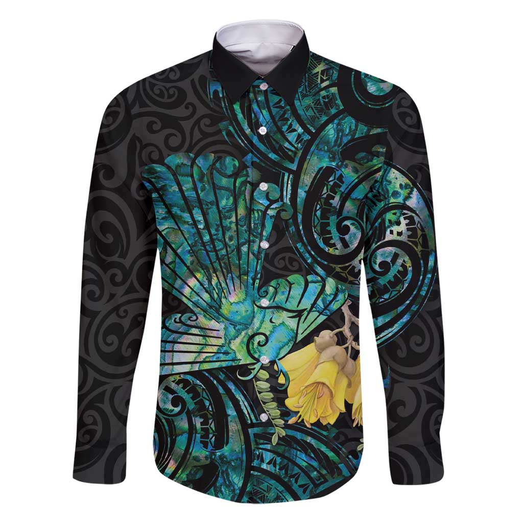 New Zealand Fantail Bird Family Matching Short Sleeve Bodycon Dress and Hawaiian Shirt Maori Piwakawaka Kowhai - Paua Shell Pattern LT14 Dad's Shirt - Long Sleeve Green - Polynesian Pride