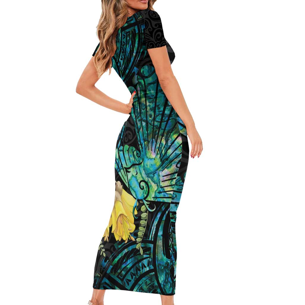 New Zealand Fantail Bird Family Matching Short Sleeve Bodycon Dress and Hawaiian Shirt Maori Piwakawaka Kowhai - Paua Shell Pattern LT14 - Polynesian Pride