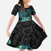 New Zealand Fantail Bird Family Matching Tank Maxi Dress and Hawaiian Shirt Maori Piwakawaka Kowhai - Paua Shell Pattern LT14 Daughter's Dress Green - Polynesian Pride