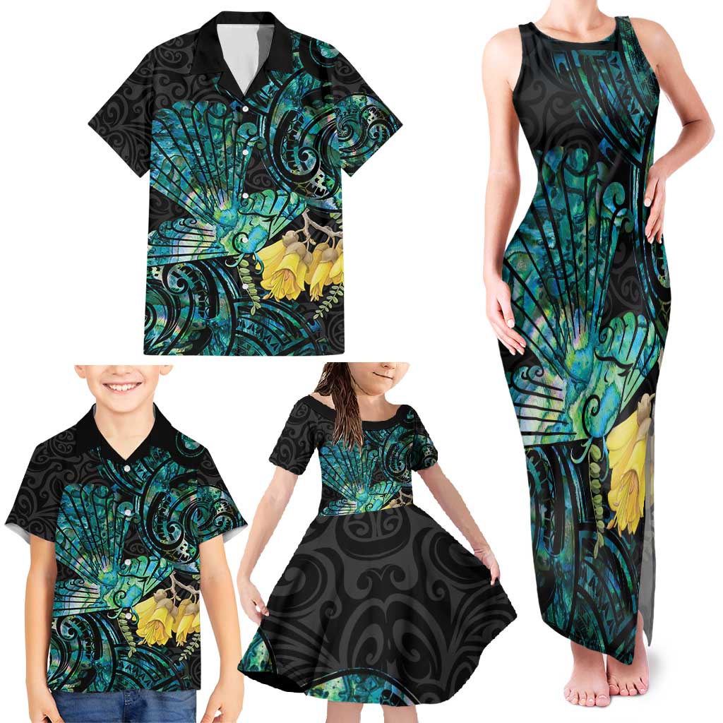 New Zealand Fantail Bird Family Matching Tank Maxi Dress and Hawaiian Shirt Maori Piwakawaka Kowhai - Paua Shell Pattern LT14 - Polynesian Pride