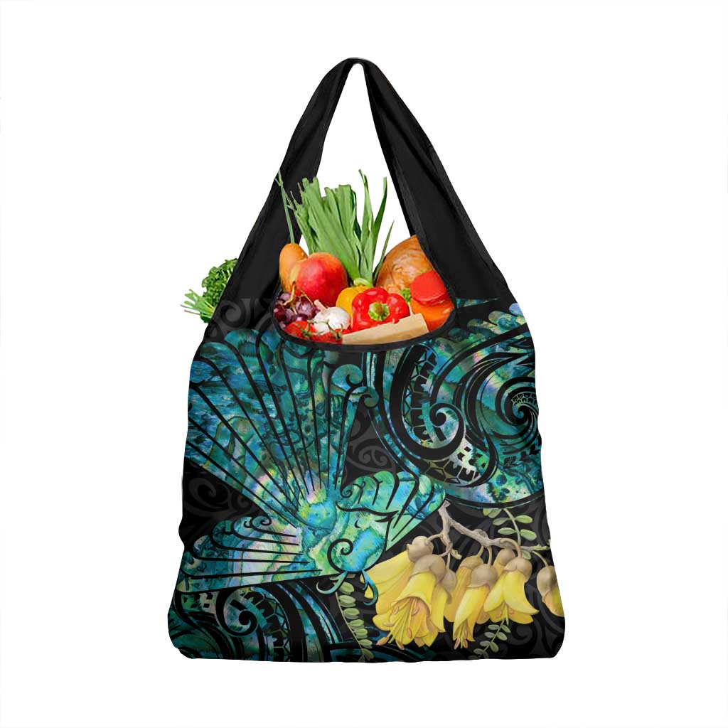 New Zealand Fantail Bird Grocery Bag Maori Piwakawaka Kowhai - Paua Shell Pattern LT14 1-pack One Size Green - Polynesian Pride
