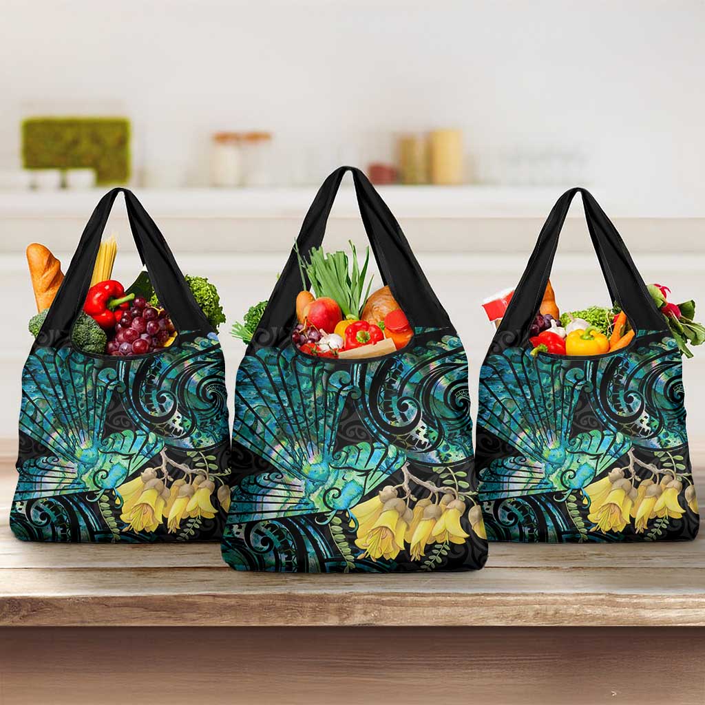 New Zealand Fantail Bird Grocery Bag Maori Piwakawaka Kowhai - Paua Shell Pattern LT14 3-pack One Size Green - Polynesian Pride