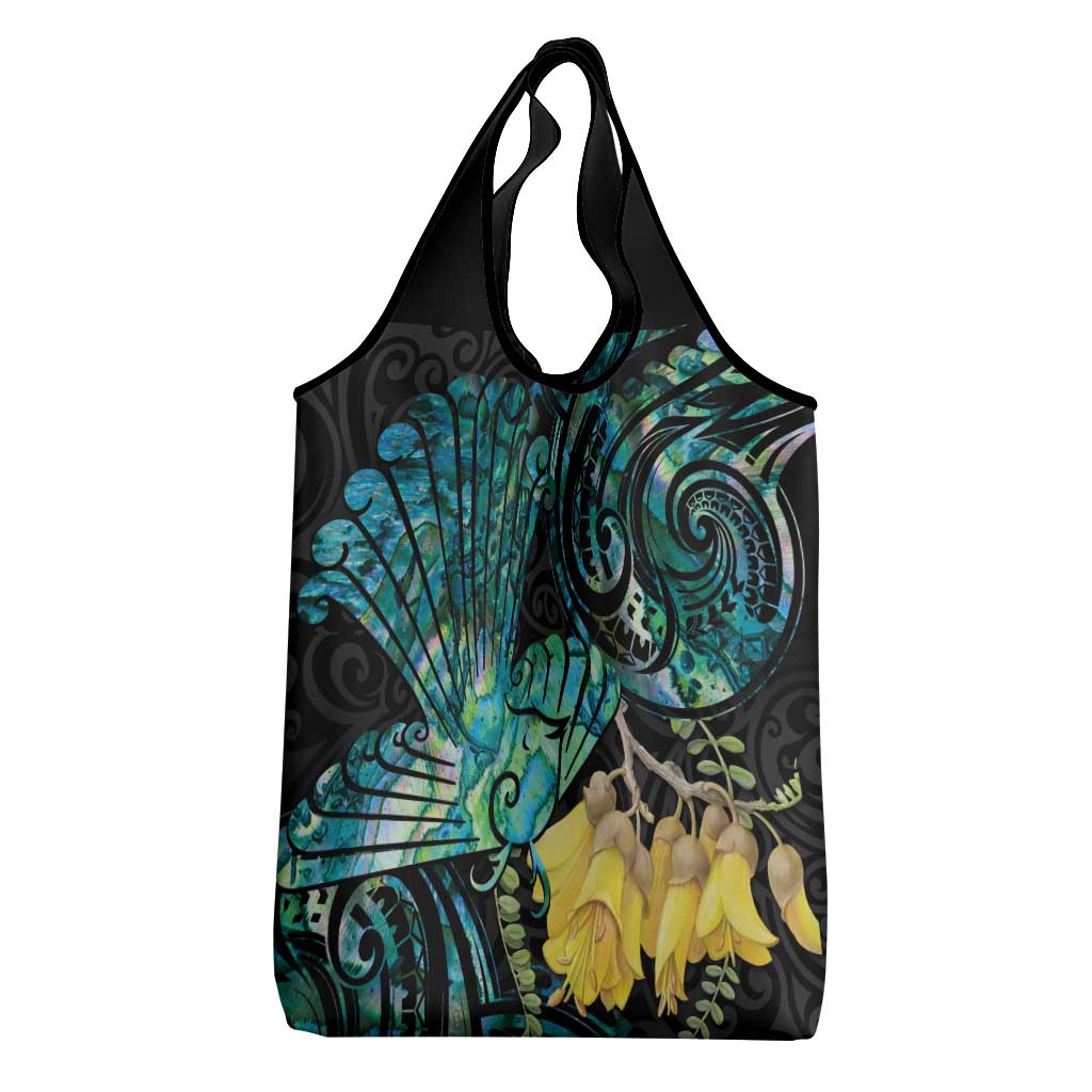 New Zealand Fantail Bird Grocery Bag Maori Piwakawaka Kowhai - Paua Shell Pattern LT14 - Polynesian Pride