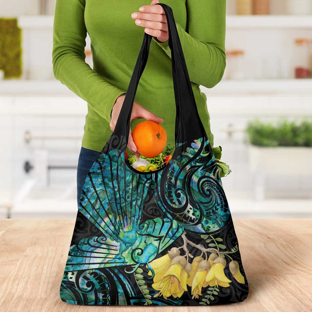 New Zealand Fantail Bird Grocery Bag Maori Piwakawaka Kowhai - Paua Shell Pattern LT14 - Polynesian Pride