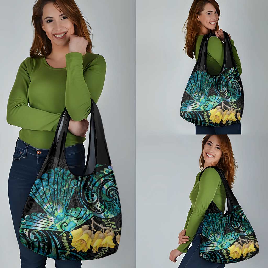 New Zealand Fantail Bird Grocery Bag Maori Piwakawaka Kowhai - Paua Shell Pattern LT14 - Polynesian Pride