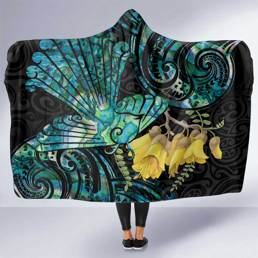 New Zealand Fantail Bird Hooded Blanket Maori Piwakawaka Kowhai - Paua Shell Pattern LT14 One Size Green - Polynesian Pride