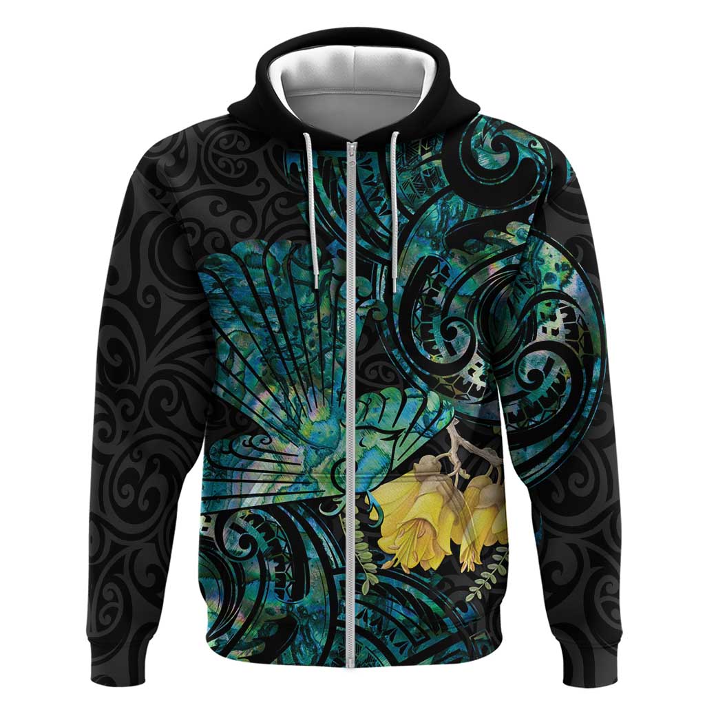 New Zealand Fantail Bird Hoodie Maori Piwakawaka Kowhai - Paua Shell Pattern LT14 Zip Hoodie Green - Polynesian Pride