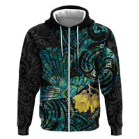 New Zealand Fantail Bird Hoodie Maori Piwakawaka Kowhai - Paua Shell Pattern LT14 Zip Hoodie Green - Polynesian Pride