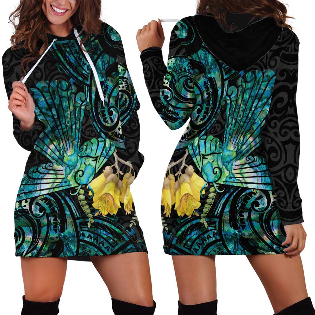 New Zealand Fantail Bird Hoodie Dress Maori Piwakawaka Kowhai - Paua Shell Pattern LT14 - Polynesian Pride