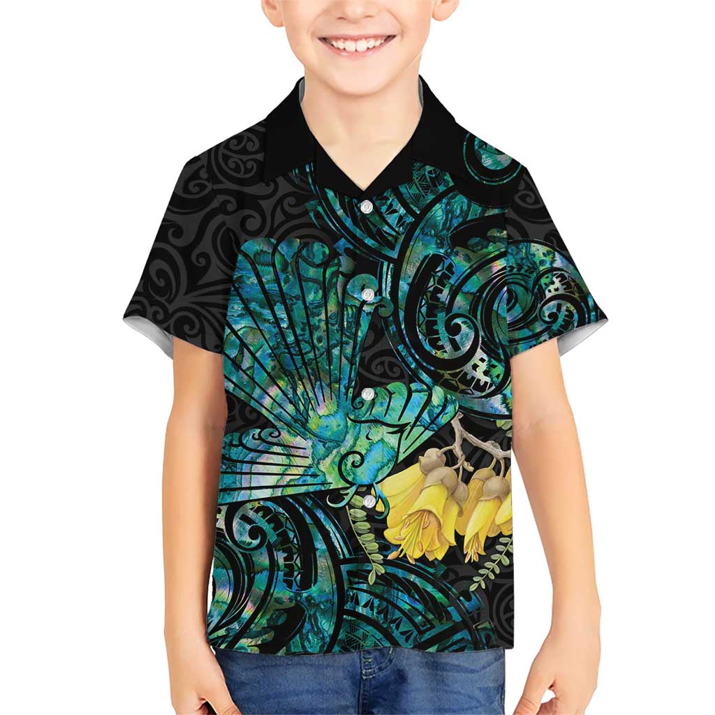 New Zealand Fantail Bird Kid Hawaiian Shirt Maori Piwakawaka Kowhai - Paua Shell Pattern LT14 Kid Green - Polynesian Pride