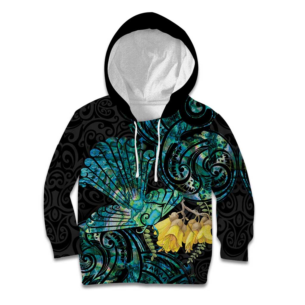 New Zealand Fantail Bird Kid Hoodie Maori Piwakawaka Kowhai - Paua Shell Pattern LT14 Hoodie Green - Polynesian Pride