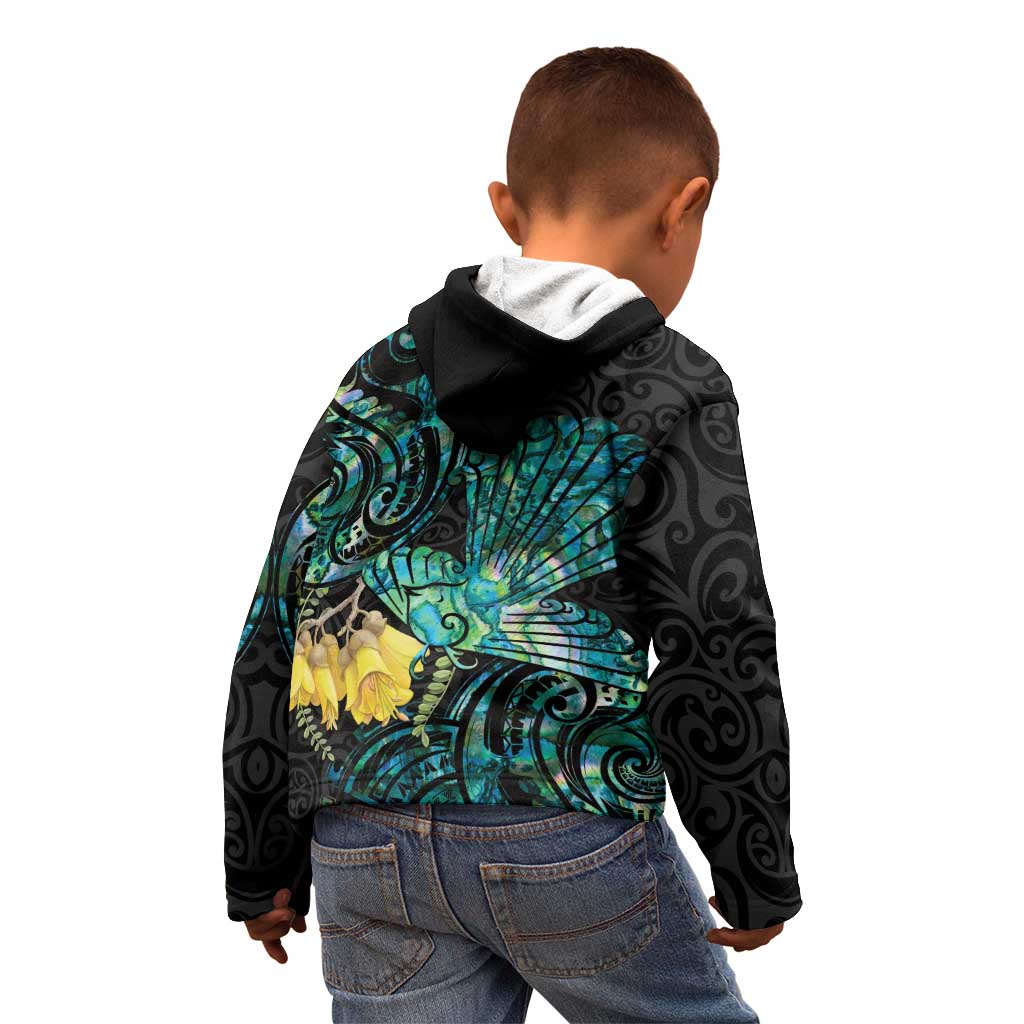 New Zealand Fantail Bird Kid Hoodie Maori Piwakawaka Kowhai - Paua Shell Pattern LT14 - Polynesian Pride
