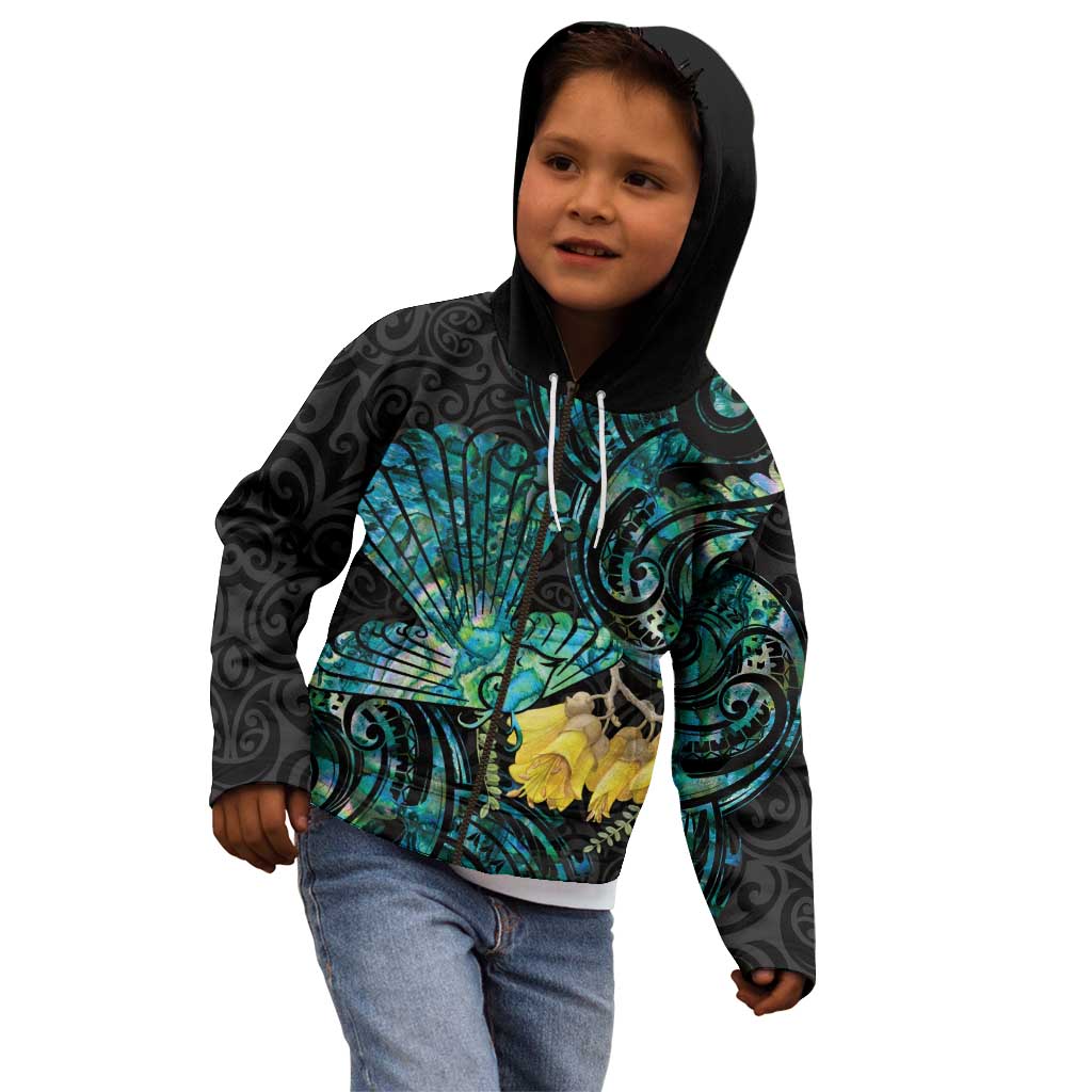 New Zealand Fantail Bird Kid Hoodie Maori Piwakawaka Kowhai - Paua Shell Pattern LT14 - Polynesian Pride
