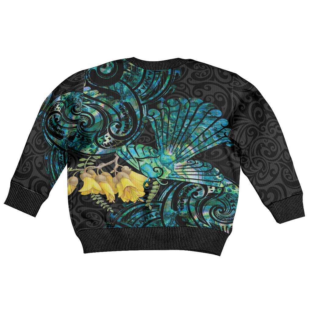 New Zealand Fantail Bird Kid Ugly Christmas Sweater Maori Piwakawaka Kowhai - Paua Shell Pattern LT14 - Polynesian Pride
