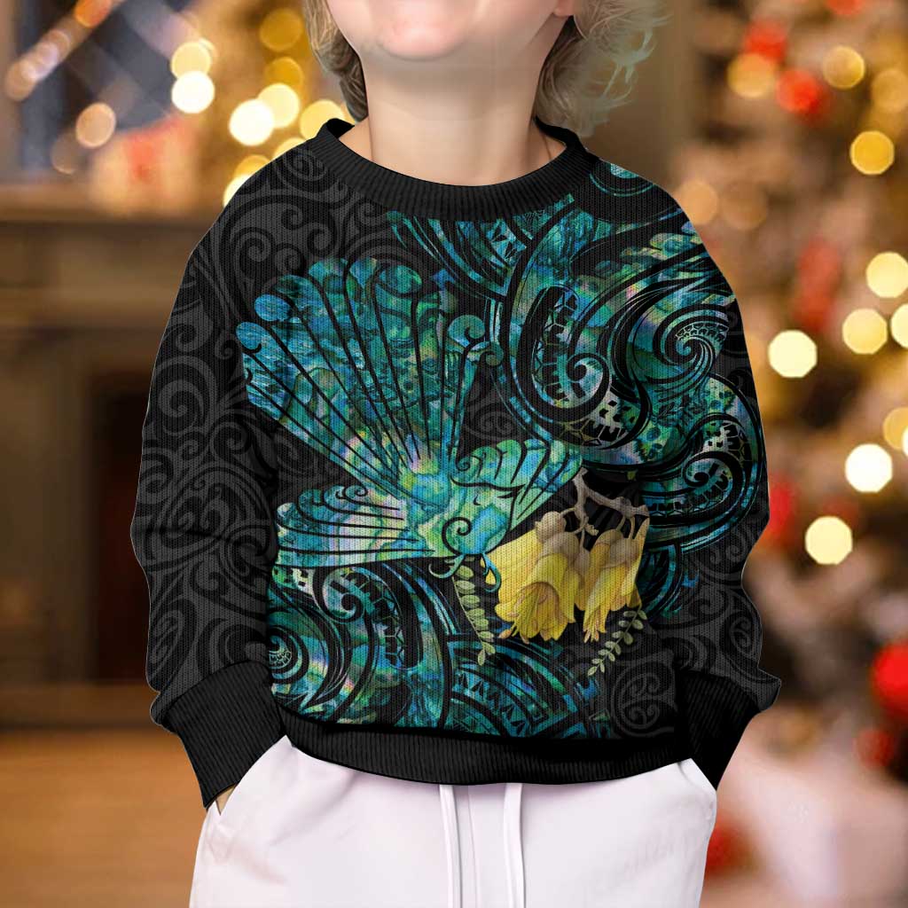 New Zealand Fantail Bird Kid Ugly Christmas Sweater Maori Piwakawaka Kowhai - Paua Shell Pattern LT14 - Polynesian Pride