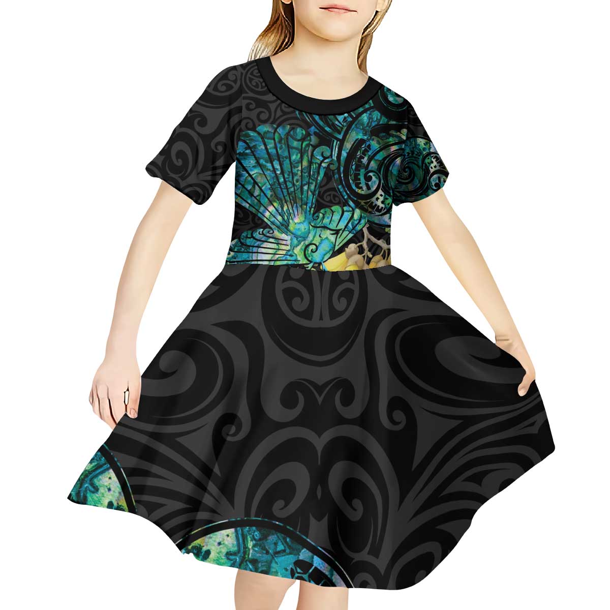 New Zealand Fantail Bird Kid Short Sleeve Dress Maori Piwakawaka Kowhai - Paua Shell Pattern LT14 - Polynesian Pride