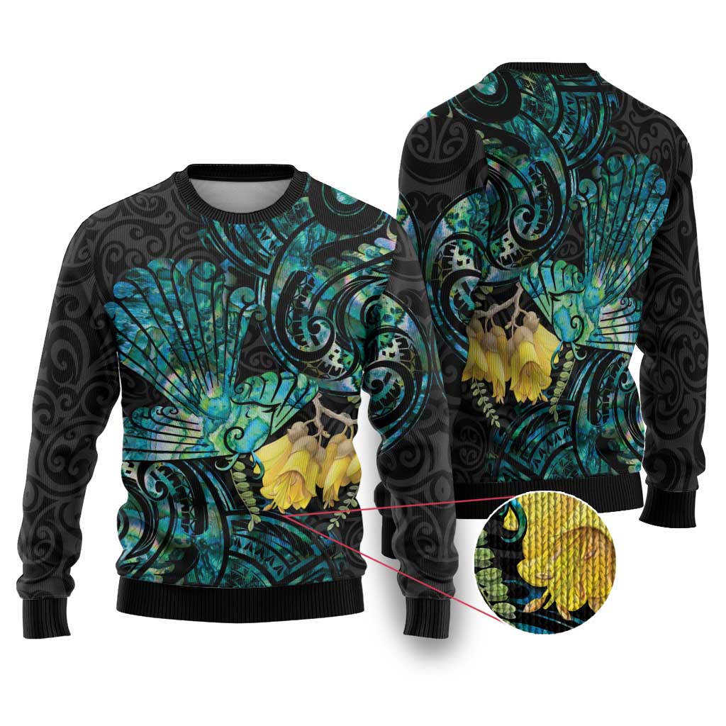 New Zealand Fantail Bird Ugly Christmas Sweater Maori Piwakawaka Kowhai - Paua Shell Pattern LT14 Green - Polynesian Pride