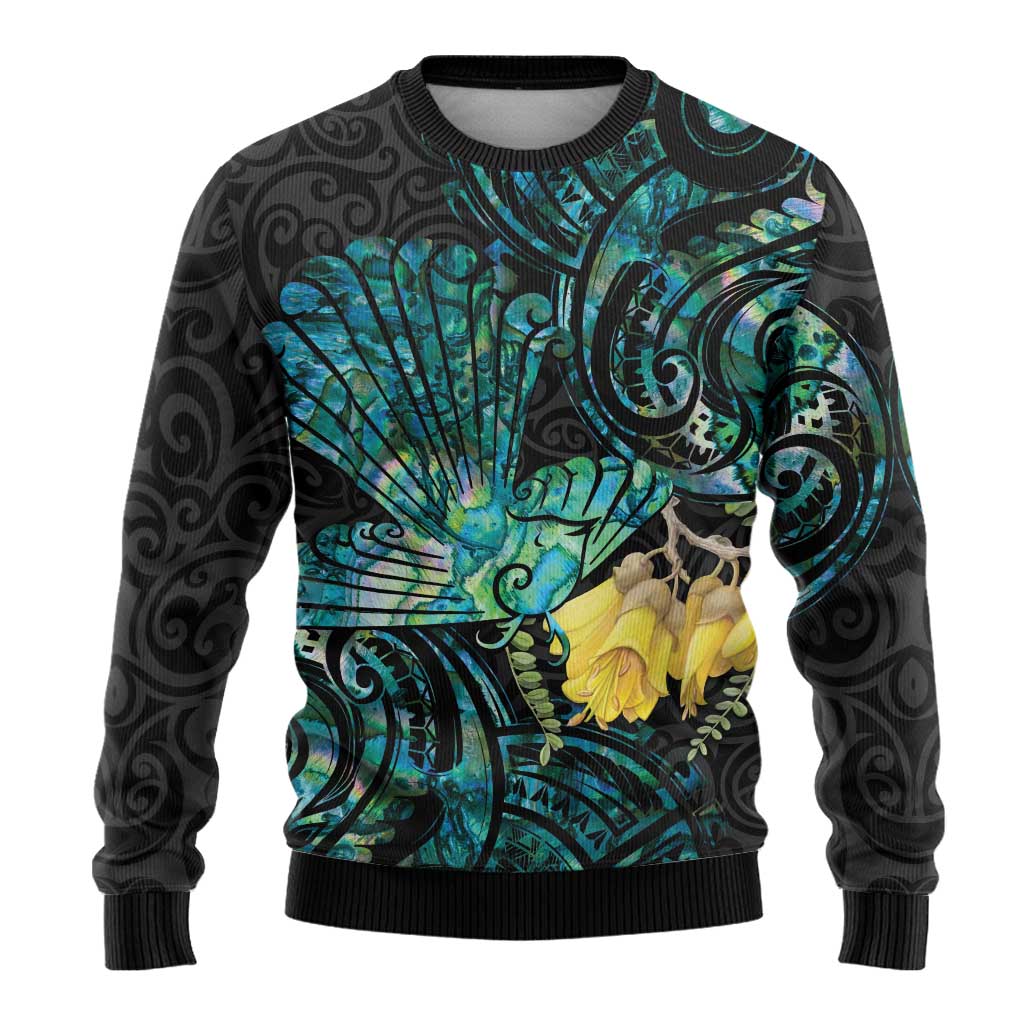 New Zealand Fantail Bird Ugly Christmas Sweater Maori Piwakawaka Kowhai - Paua Shell Pattern LT14 - Polynesian Pride