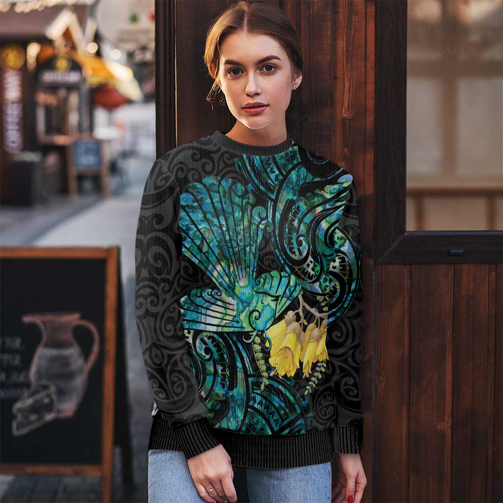 New Zealand Fantail Bird Ugly Christmas Sweater Maori Piwakawaka Kowhai - Paua Shell Pattern LT14 - Polynesian Pride