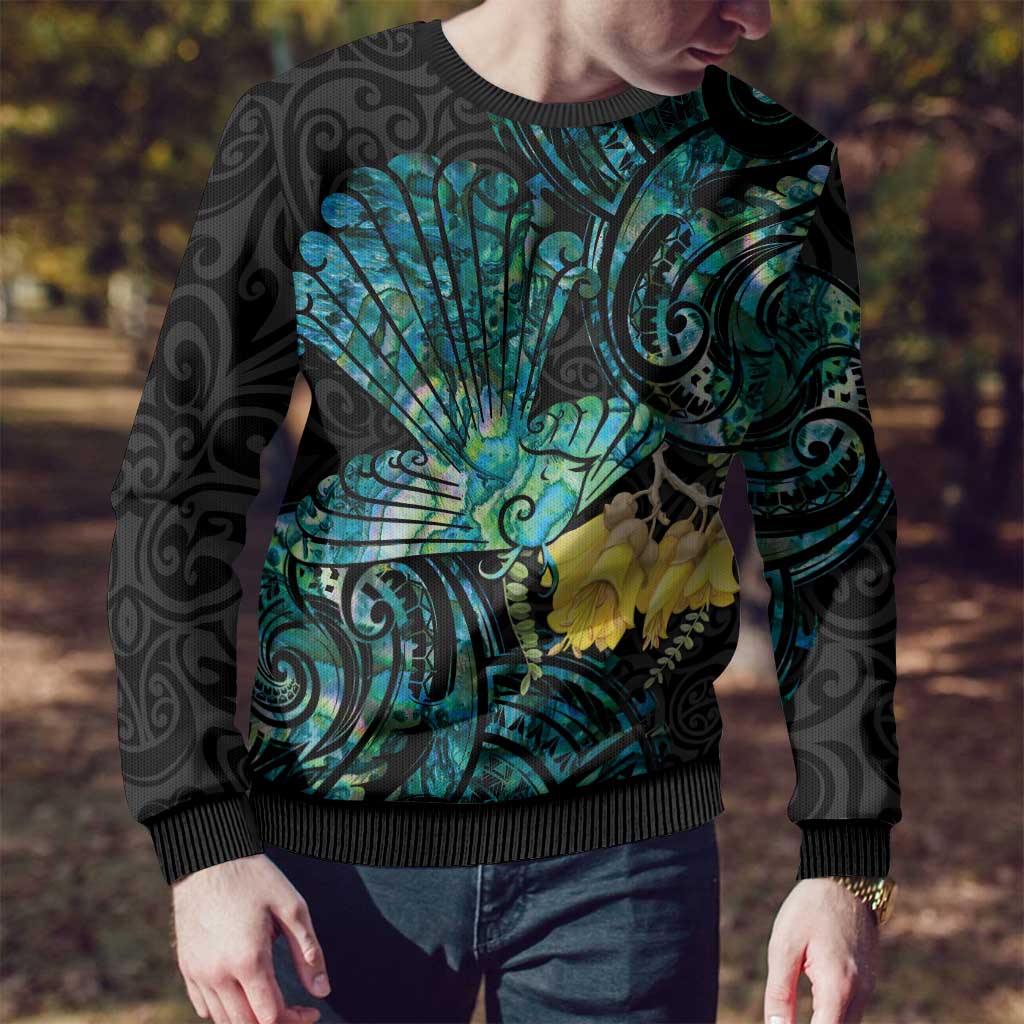 New Zealand Fantail Bird Ugly Christmas Sweater Maori Piwakawaka Kowhai - Paua Shell Pattern LT14 - Polynesian Pride