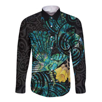 New Zealand Fantail Bird Long Sleeve Button Shirt Maori Piwakawaka Kowhai - Paua Shell Pattern LT14 Unisex Green - Polynesian Pride