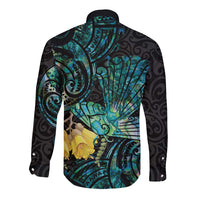 New Zealand Fantail Bird Long Sleeve Button Shirt Maori Piwakawaka Kowhai - Paua Shell Pattern LT14 - Polynesian Pride