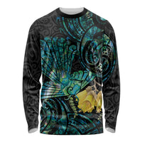 New Zealand Fantail Bird Long Sleeve Shirt Maori Piwakawaka Kowhai - Paua Shell Pattern LT14 Unisex Green - Polynesian Pride
