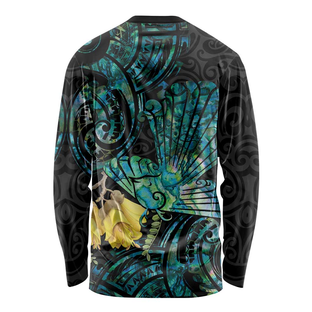 New Zealand Fantail Bird Long Sleeve Shirt Maori Piwakawaka Kowhai - Paua Shell Pattern LT14 - Polynesian Pride