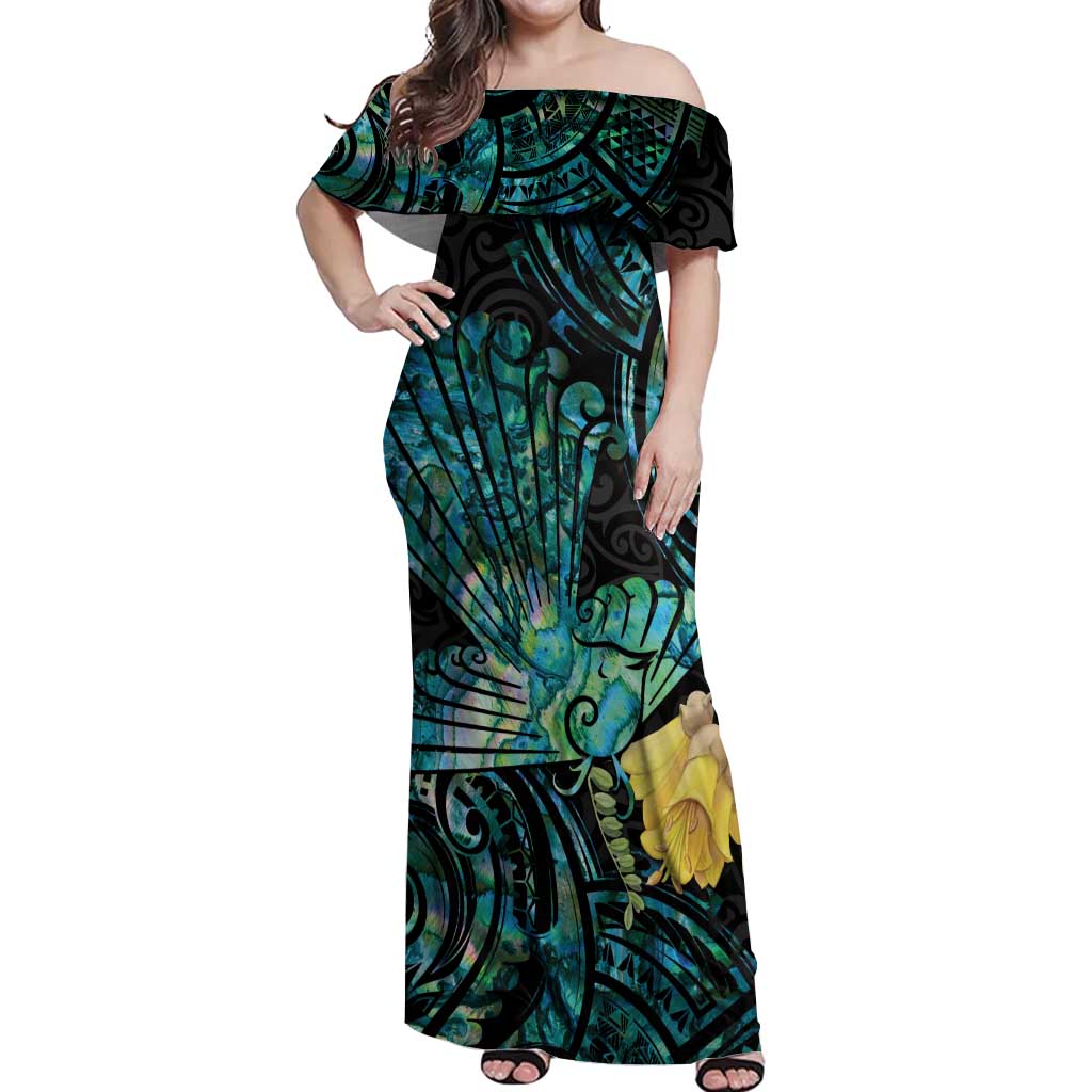 New Zealand Fantail Bird Off Shoulder Maxi Dress Maori Piwakawaka Kowhai - Paua Shell Pattern LT14 Women Green - Polynesian Pride
