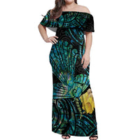 New Zealand Fantail Bird Off Shoulder Maxi Dress Maori Piwakawaka Kowhai - Paua Shell Pattern LT14 Women Green - Polynesian Pride